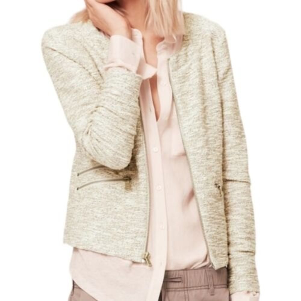 Lou & Grey NWT Tweed Blazer Jacket Ivory Metallic Full Zip Pockets Lady Jacket
